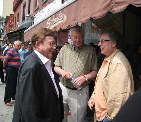 Bill Brownstein with Jean Beliveau and Schwartz's owner Hy Diamond.