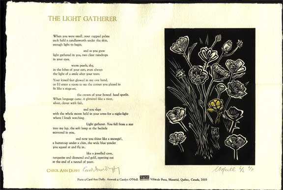 Broadside of "The Light Gatherer" by Carol Ann Duffy